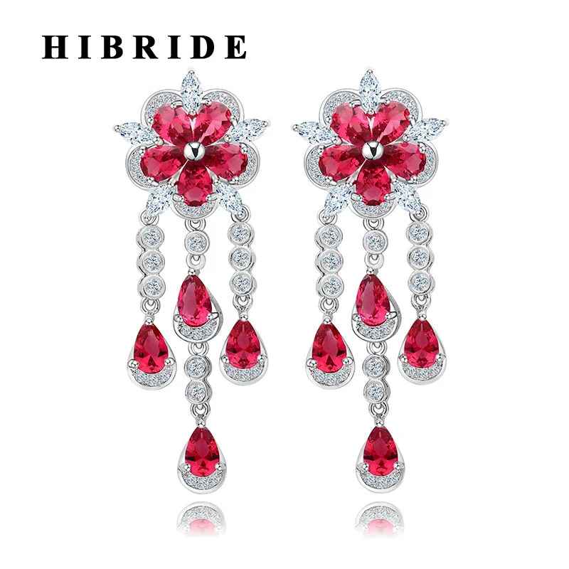 HIBRIDE Новинка женские серьги-подвески с красными цветами и кисточками модные