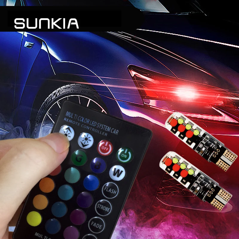 2 шт./компл. SUNKIA RGB T10 W5W Габаритные фонари для автомобиля RGB COB T10 светодиодный 194 168 лампы дистанционного Ширина Подсветка салона источник