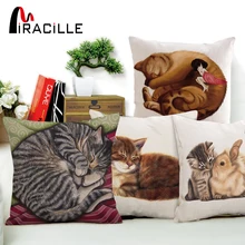 Miracille Cotton Linen Square 18\" Cartoon Lovely Sleep Curled Cat Throw Sofa Cushion Home Bedroom Decorative Coussin No Filling