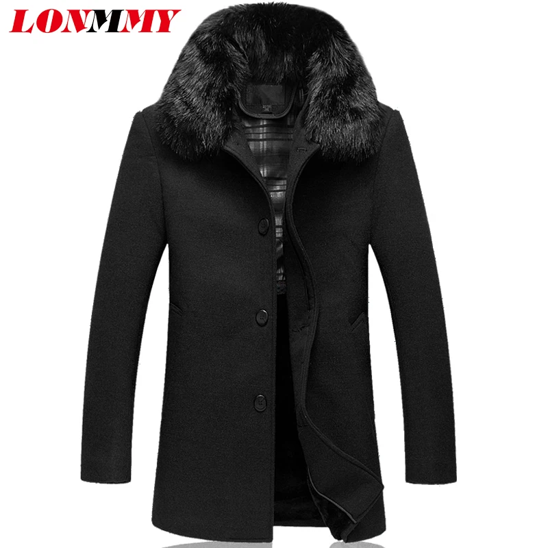 LONMMY 4XL Peacoat, шерстяная длинная куртка, мужское зимнее шерстяное пальто, Мужское пальто со съемным воротником из искусственного меха, мужской Тренч, черный, серый