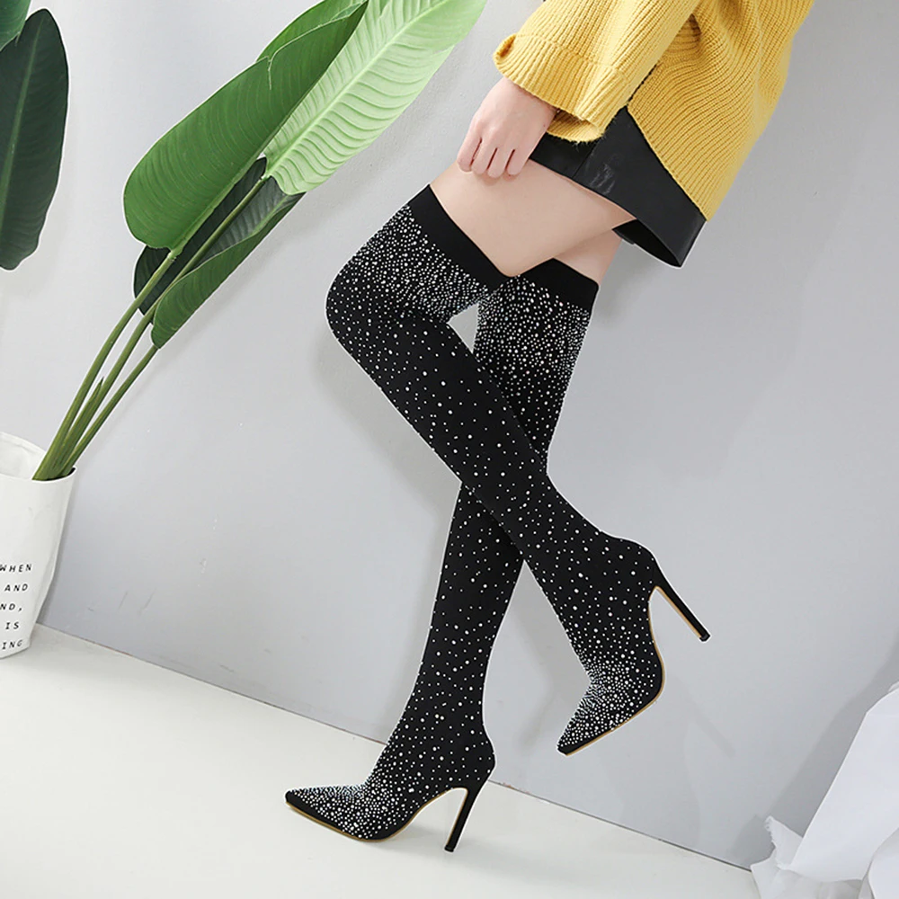 

2019 Fashion Runway Crystal Stretch Fabric Sock Boots Over-the-Knee Heel Thigh High Pointed Toe Woman Boots Black Winter Boots