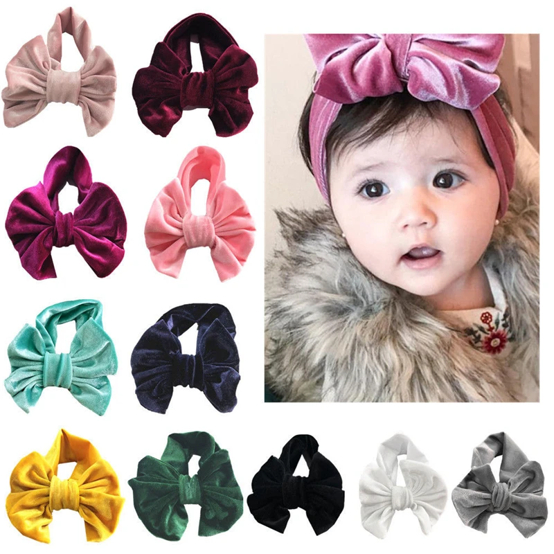 Детская повязка на голову, модная бархатная повязки на голову для девочек, одноцветные детские повязки на голову с бантом, повязка на голову для новорожденных девочек