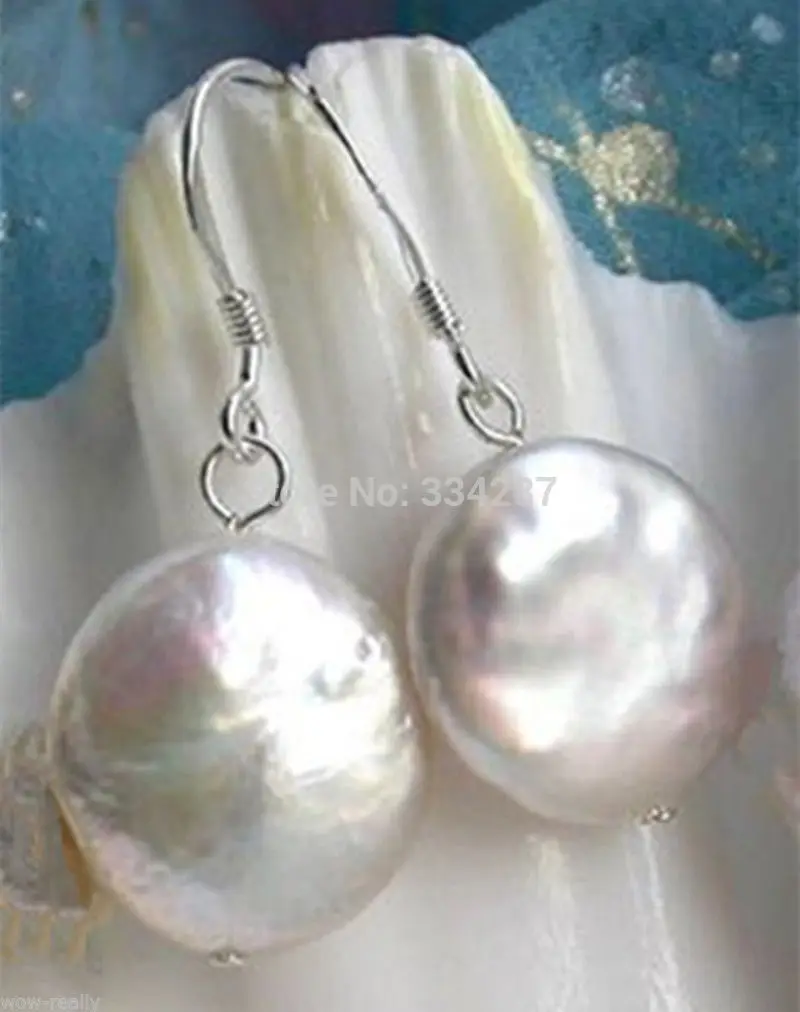 

Pretty New White Coin Freshwater Pearl Silver Hook Dangle Earrings