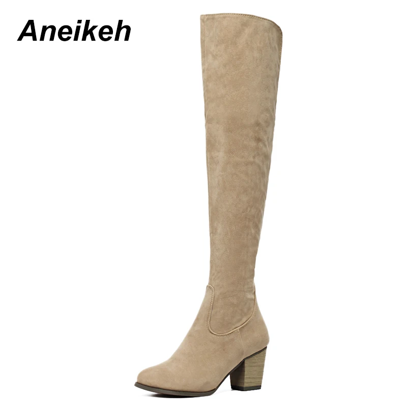 

Aneikeh 2018 Autumn Winter Women Boots Round Toe Square High Heels Fashion Over The Knee Boots Shoes Woman Sewing Black apricot