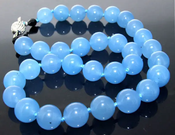 

18"Necklace Blue Jade Necklace Round Beads Knotted Choker Candy Jade AA