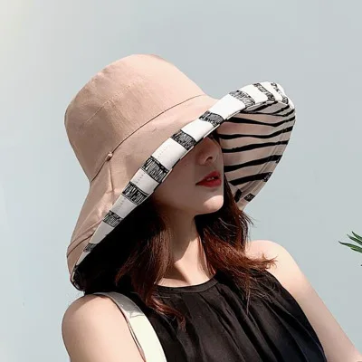 Зебра Полосатая летняя шляпа Женская двухсторонняя складываемая, хлопковая, для белья женские солнцезащитные пляжные шляпы с большими широкими полями Солнцезащитная женская шляпа - Цвет: khaki