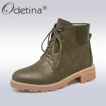

Odetina 2017 New Fashion Women Lace-up Ankle Boots Pu Leather Round Toe Chunky Low Heel Booties Winter Casual Shoes Big Size 43