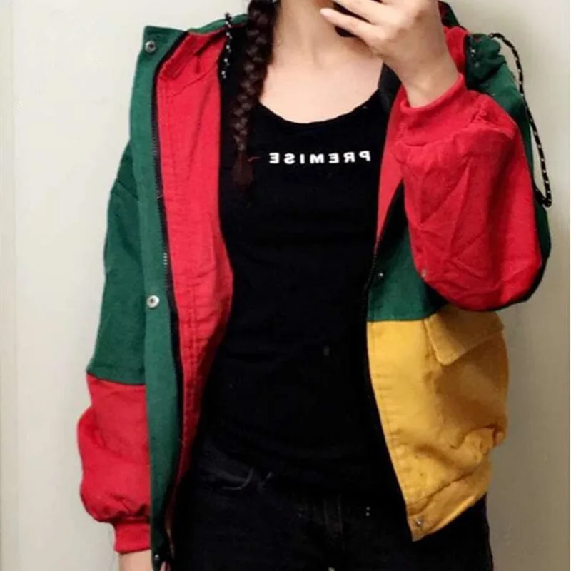 

Sovalro Winter Warm Color Block Hooded Corduroy Jacket Drawstring Hit Color Patched Pocket Thick Basic Women Coat Harajuku New