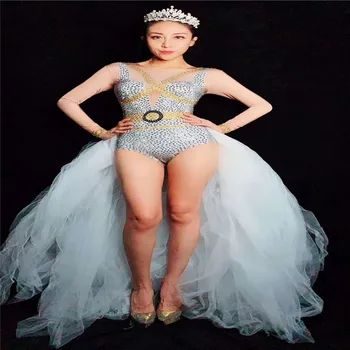 

X39 Singer Rhinestone leotard printing gogo jumpsuit bar perform dance costumes female Trailing dress party wears skirt dj cloth