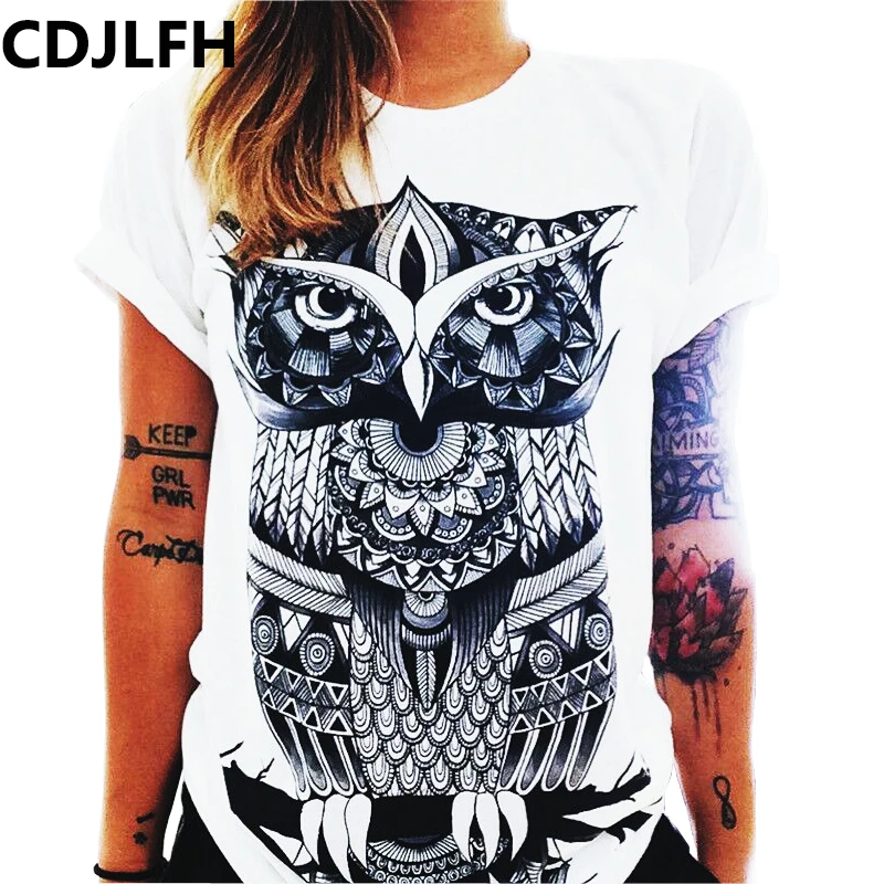 الصيف المتناثرة القطن تي شيرت النساء الملابس البومة الطباعة س الرقبة قصيرة الأكمام تي شيرت النساء قمم الشارع الشهير فام عارضة المحملة قميص