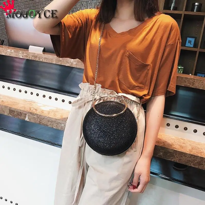 

Fashion Glitter Women Round Handle Handbags Lady Evening Party Chain Circle Metal Travel Mini Shoulder Crossbody Bags