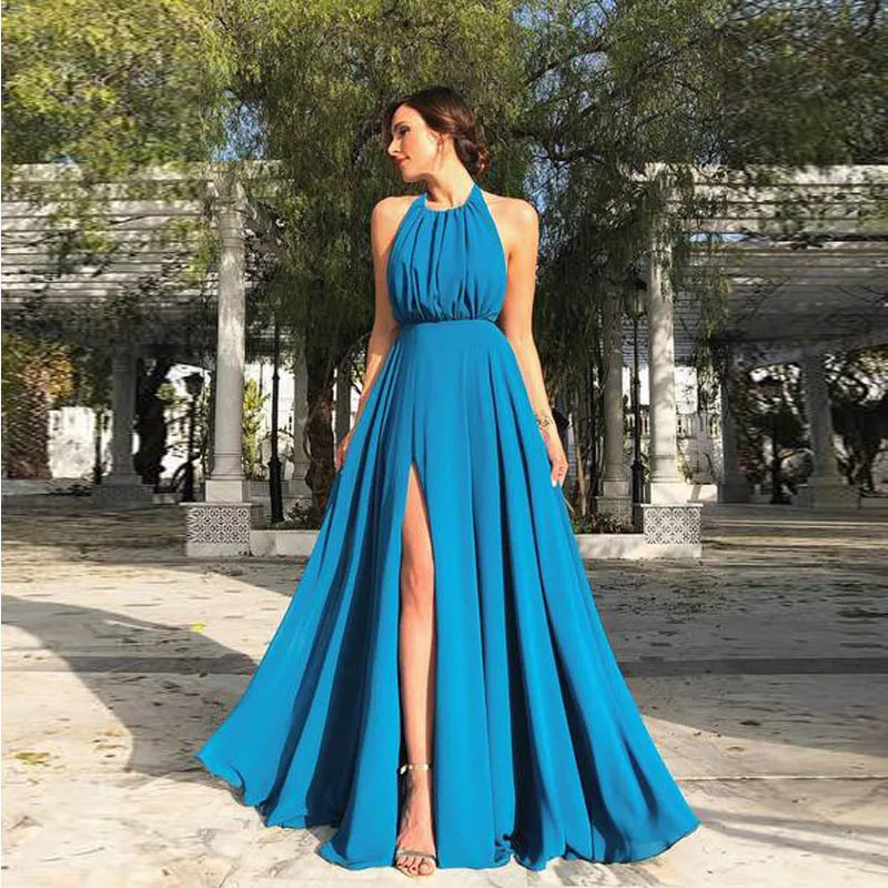 

summer clothes 2019 boho blue formal dress women elegant evening backless robe femme sleeveless high waist halter long dress