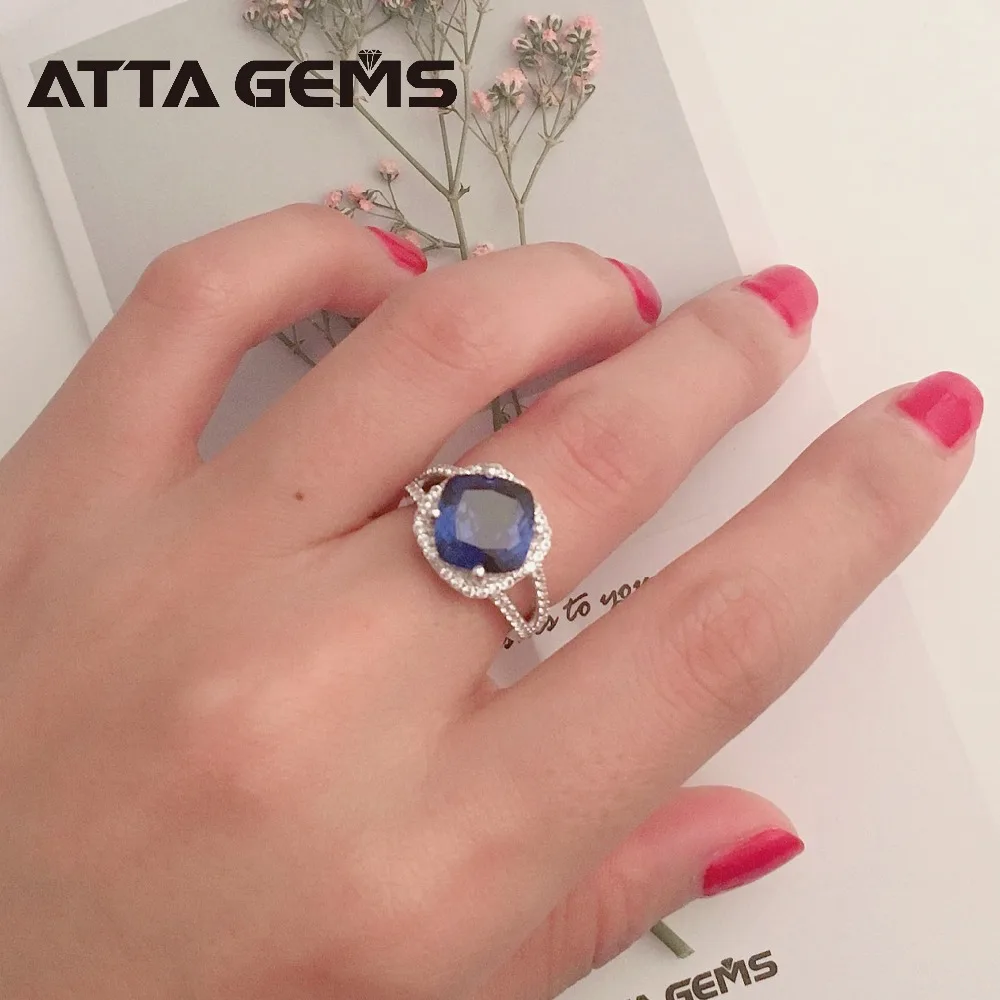 Blue Sapphire S925 Silver Rings for Women Wedding Engagement Birthday Ring 6 Carats Created Sapphire Faced Cushion Gemstone Ring