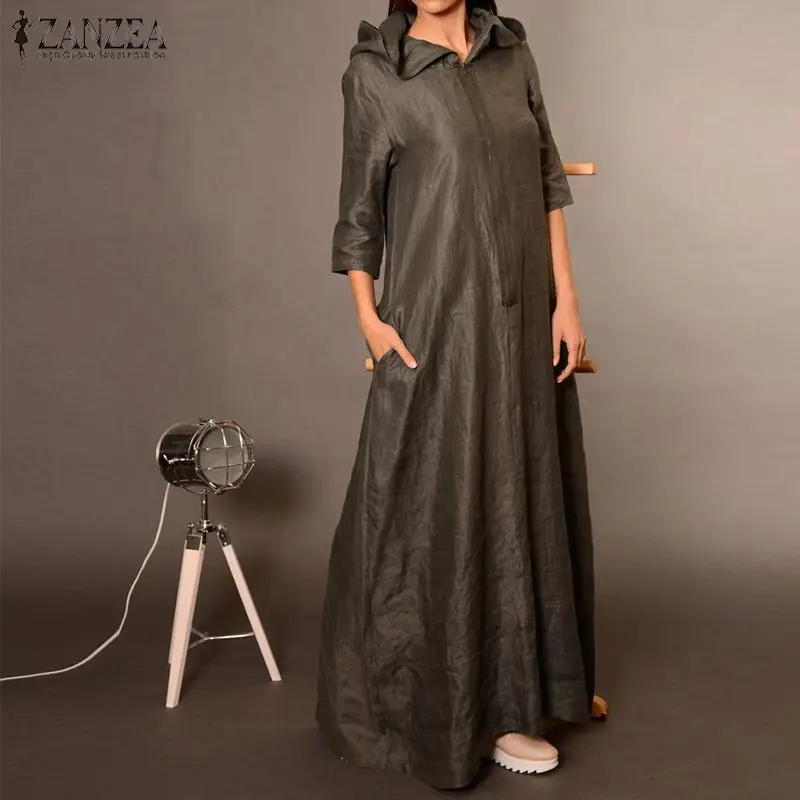 Tanie ZANZEA kobiety w stylu Vintage sukienka z kapturem jesień 3 4 rękaw Zipper Maxi długa sukienka letnia elegancka damska praca OL solidna Vestido Kaftan Robe