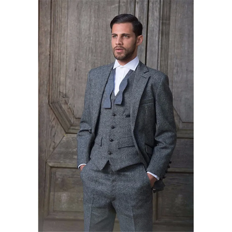 

2020 Custom Made Grey Tweed Formal Men Suit Slim Fit Classic Custom Mens Tuxedo 3 Piece Wedding Suits (Jacket+Pants+Vest)