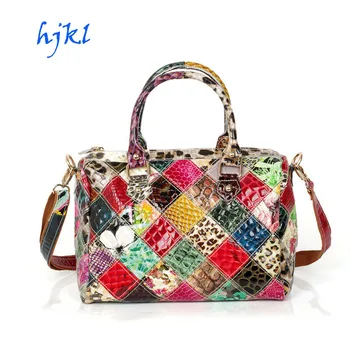 

Genuine Leather Colorful plaid color leather cowhide handbag snake pattern free shipping