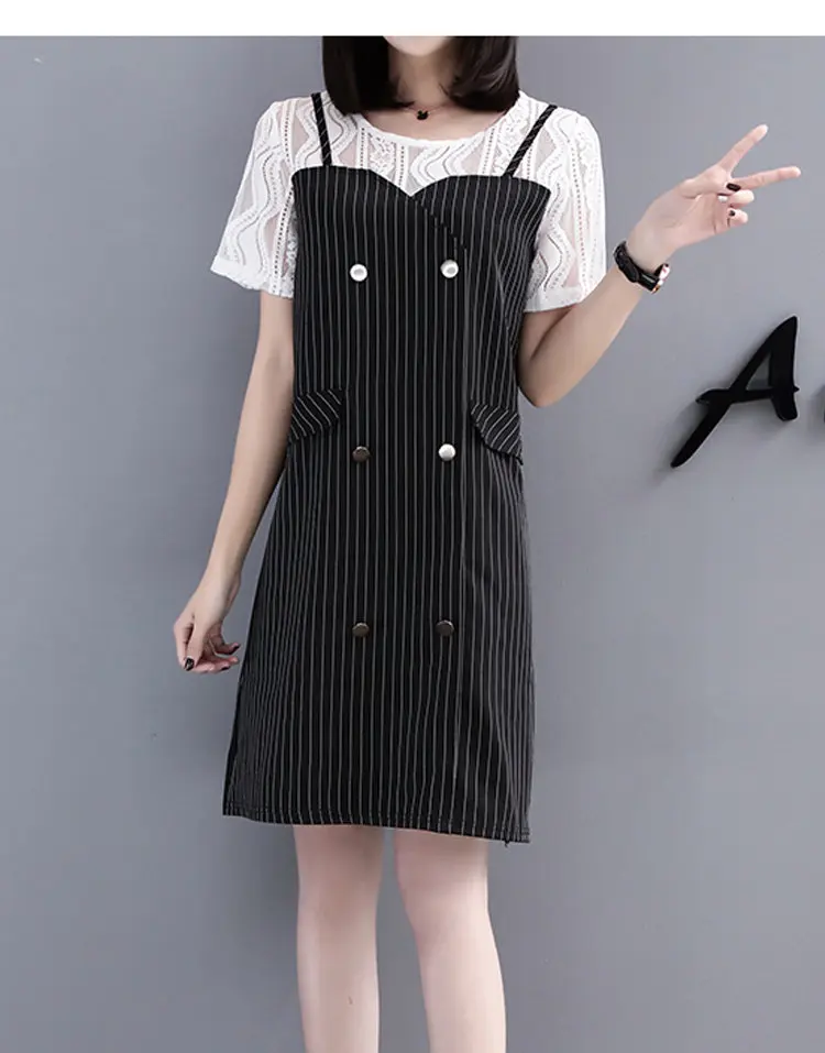 Summer Fake Two Pieces Dresses Women 2018 Fashion Striped Dress Lace Patchwork Robe Femme Short Sleeve Plus Size Vestidos Mujer (4)
