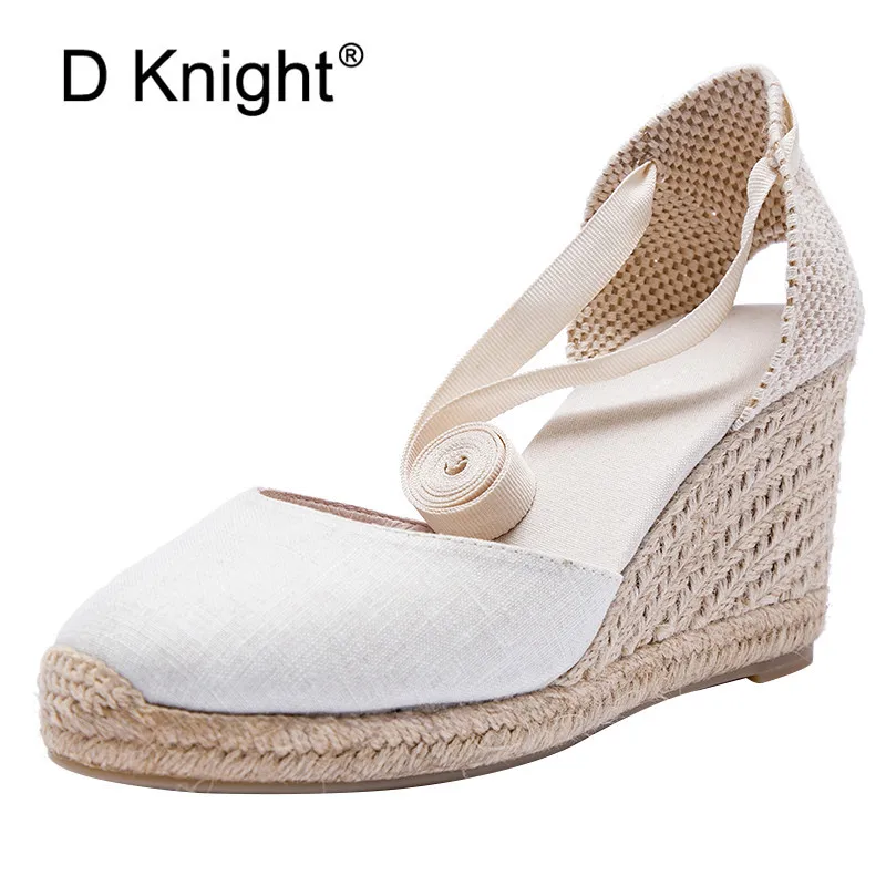 

Gladiator Wedges Sandals For Women Lace Up High Heel Slippers Ladies Womens Casual Shoes High Quality Flax Hemp Espadrille Pumps