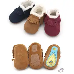 Зимние сапоги для девочек наивысшего качества с теплым мехом; детские мокасины из натуральной кожи с твердой резиновой подошвой; ботинки