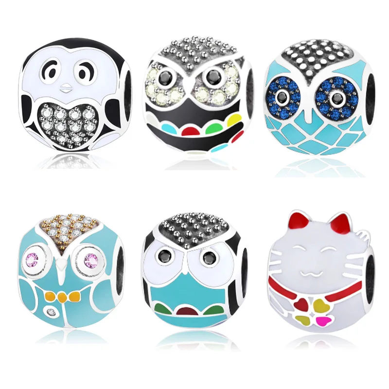 

100% 925 Sterling Silver Lovely Animal colored owl Charm Beads fit Women DIY Jewelry Wholesale Bulk Bracelet bead caps making