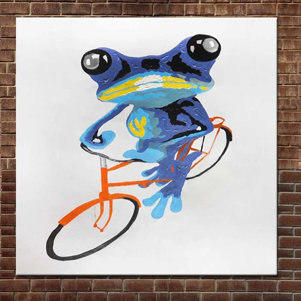 

Hand Painted Cartoon Frog Wall Picture Oil Canvas Painting Frog Riding Bike Wall Picture Children's Room Home Art Wall Decor