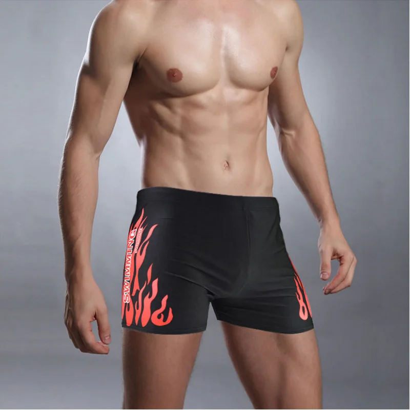 

2019 Mens Sexy Swimsuit Swimwear Swimming Trunks Hot Swimsuits Boxer Shorts Flame Print Swim Suit Sports Suits Beach Shorts Wear