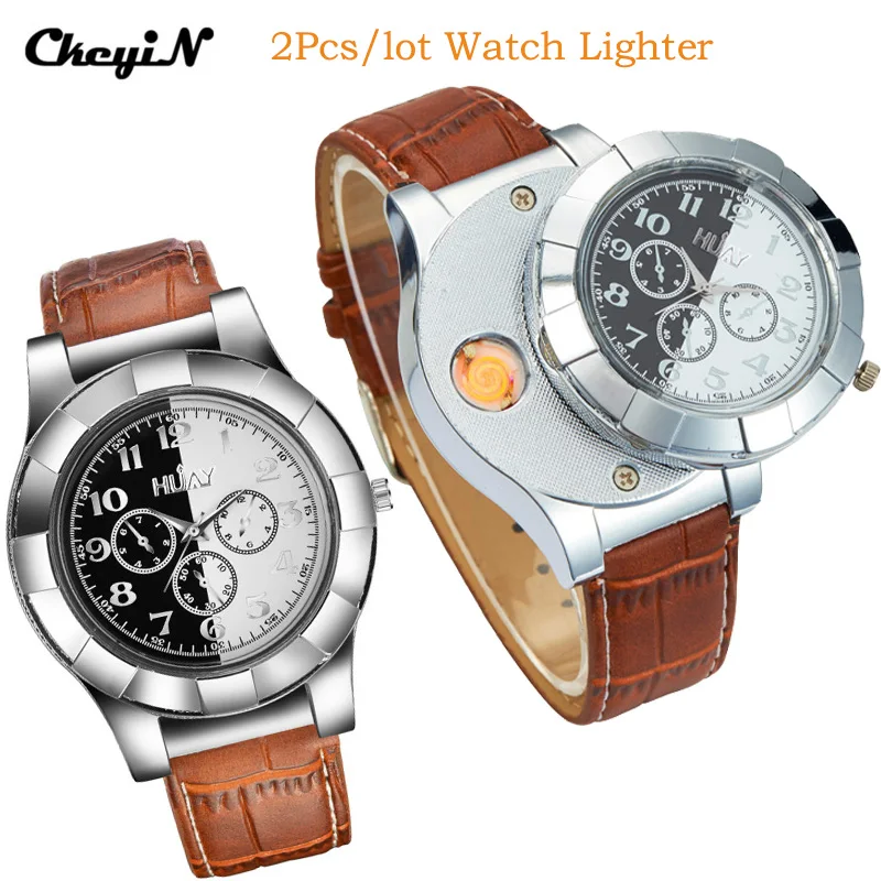 

2Pcs/lot Electric USB Cigarette Lighter Watch Men USB Charging Flameless Windproof Lighters Men's Quartz Wrist watches Clock 35