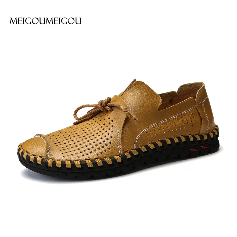 

MEIGOUMEIGOU 38-50 Plus Size Men Shoes Punching Upper Men Loafers Breathable Leather Soft Boat Shoes Lace up Casual Sneakers