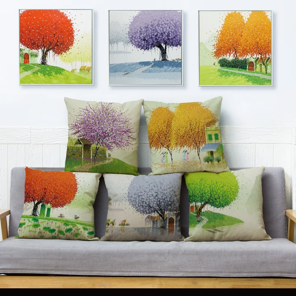 

Watercolor Oil Painting Tree Cushion Cover for Sofa Home Decor Throw Pillowcase Print Scenic Pillow Case Linen 45*45cm