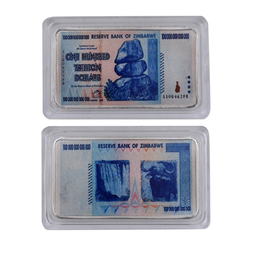 

Zimbabwe One Hundred Trillion Dollars Currency Challenge Sliver Plated Bar Home Decor for Souvenir Coins Collectibles