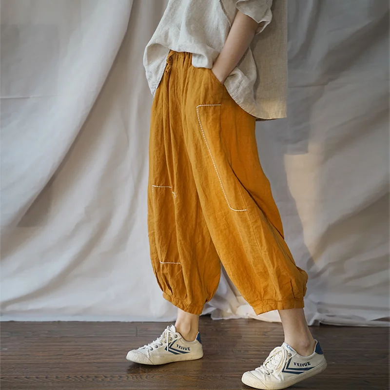 

SCUWLINEN 2019 Women Pant Vintage Casual Solid Elastic Waist Embroidery Zen Linen Bloom Pant Modis Loose Trousers for Women P058