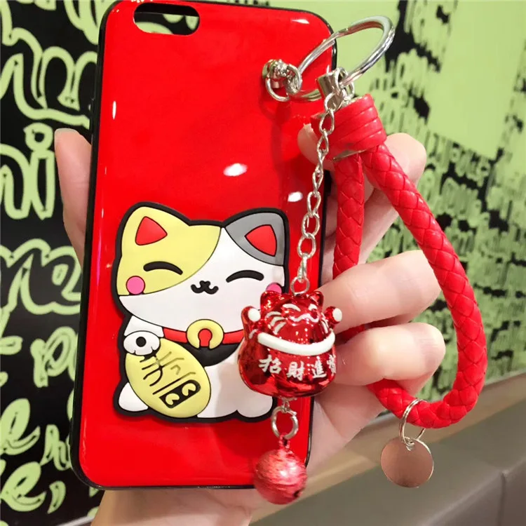 Kuutti мягкий красный Kawaii Maneki Neko Cat Чехол для телефона с ремешок колокольчиком iPhone 6