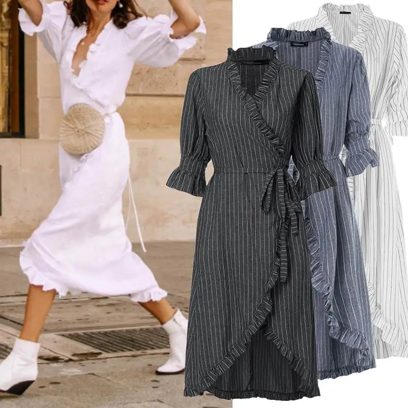 

2019 Summer Celmia Women Striped Midi Dress Casual Sexy V-Neck Lantern Sleeve Loose Ruffles Dress Plus Size Robe Vestidos Mujer