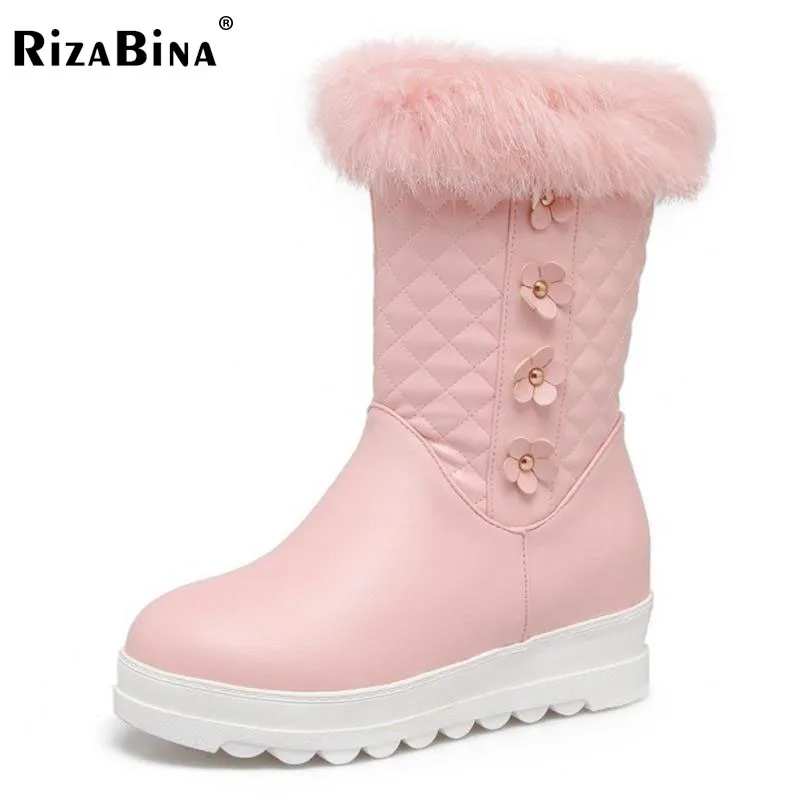 

RizaBina Size 33-43 Women Half Short Snow Boots Flower Rivet Wedges Boots Thick Fur Shoes Cold Winter Boots For Women Footwears