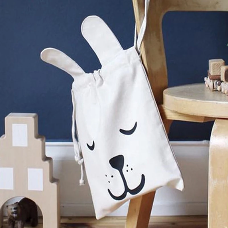  Cartoon Canvas Storage Bags Rabbit Ears Drawstring Backpack Children Room Organizer For Toy And Bab