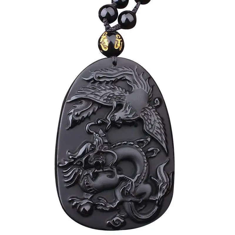 

Drop Shipping Black Obsidian Carving Dragon and Phoenix Necklace Pendant Obsidian Lucky Pendants