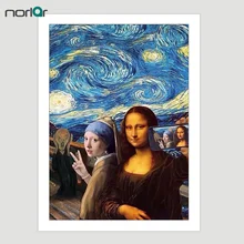 El grito, La joven de la perla y la Mona Lisa bajo la noche estrellada de van Gogh, Картина на холсте, настенная художественная картина, домашний декор