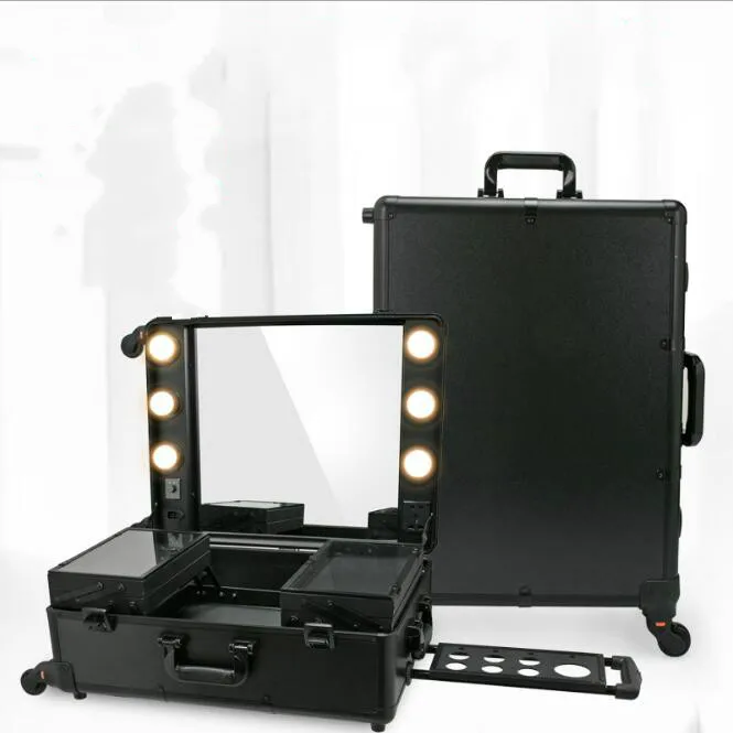 

3 types Professional Makeup Station Artist Rolling Case LED Lighted Mirror Organizer Trolley Box BlackTrain Bag