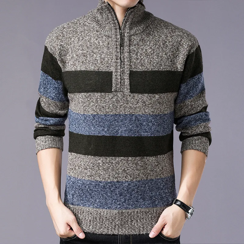 Специальный шерстяной вязаный свитер с воротником-хомутом, qiu dong, мужской полосатый свитер