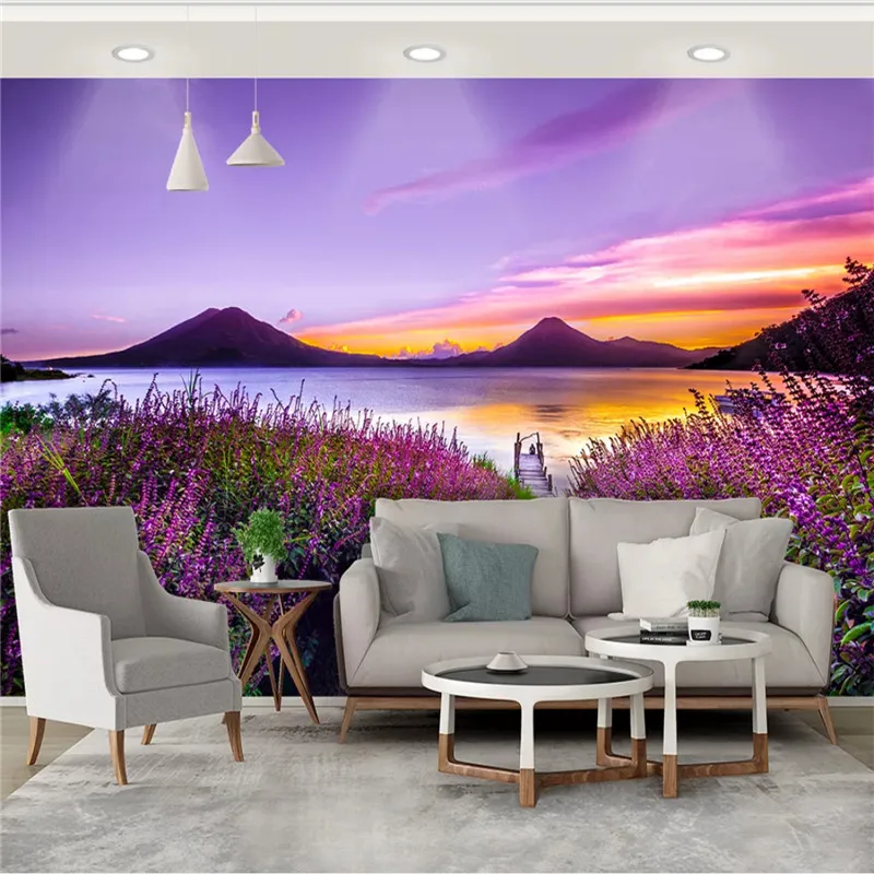 3d обои Lakefront с изображением пейзажа природы фиолетовый Романтический лаванда