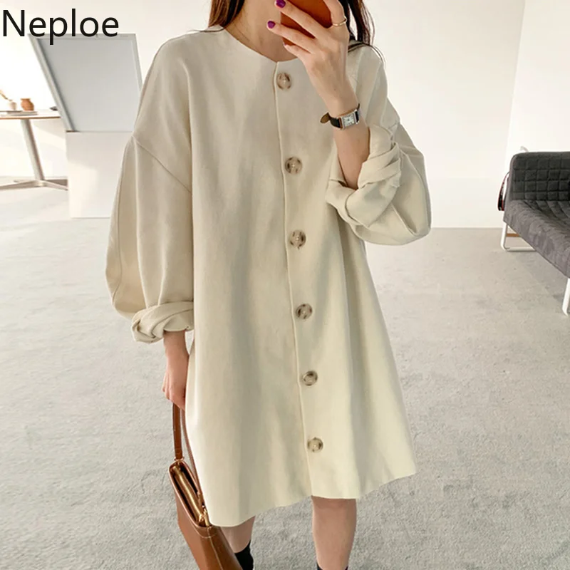 

Neploe Korean Spring Elegant Women Dress Long Puff Sleeves Cotton Casual Solid Ladies Dresses Plus Size Vestidos Vintage Robe
