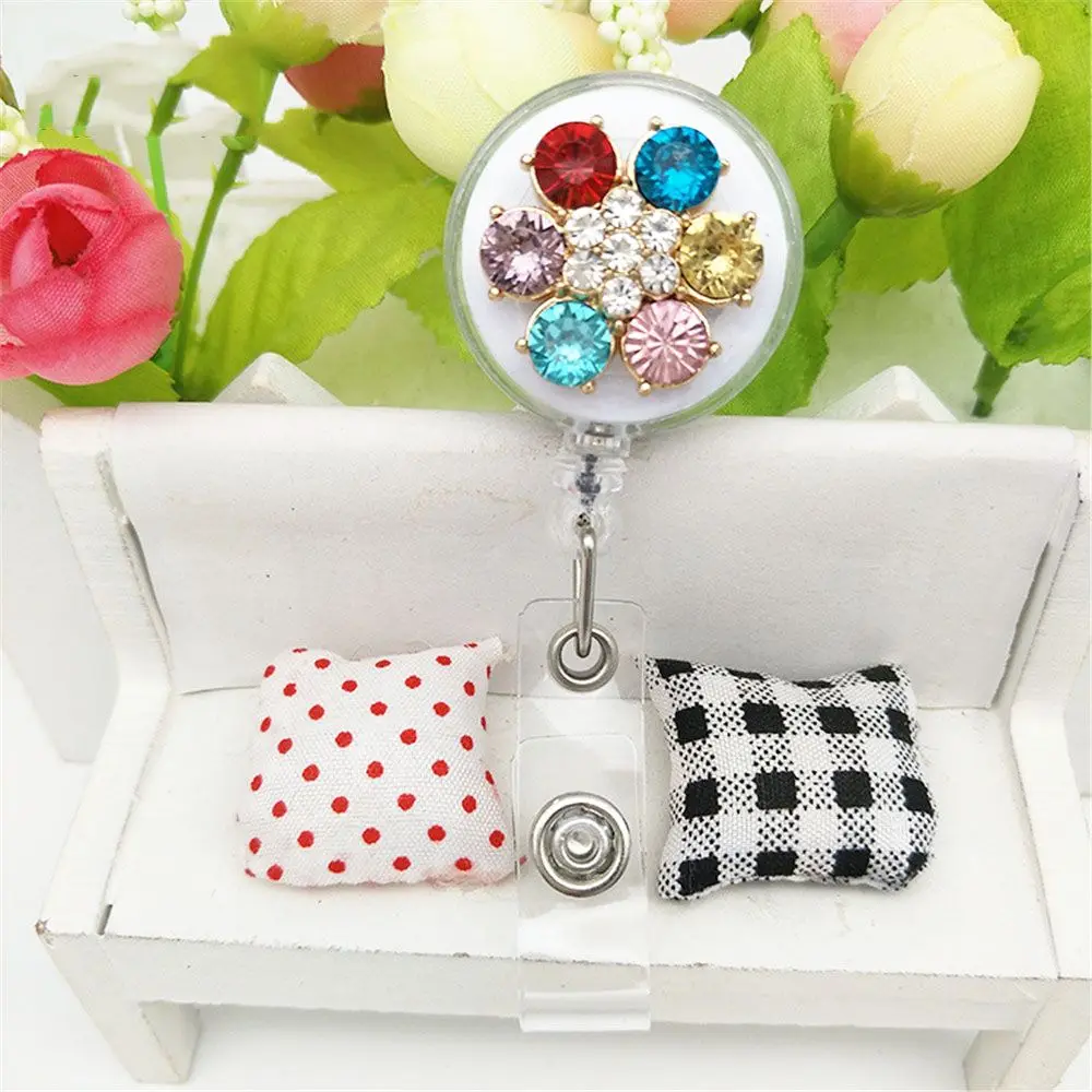 

1pc Retractable Badge Reel Nurse Pull Key Holder ID Name Card Badge Holder Korean School Pearl Diamond Office Supplies