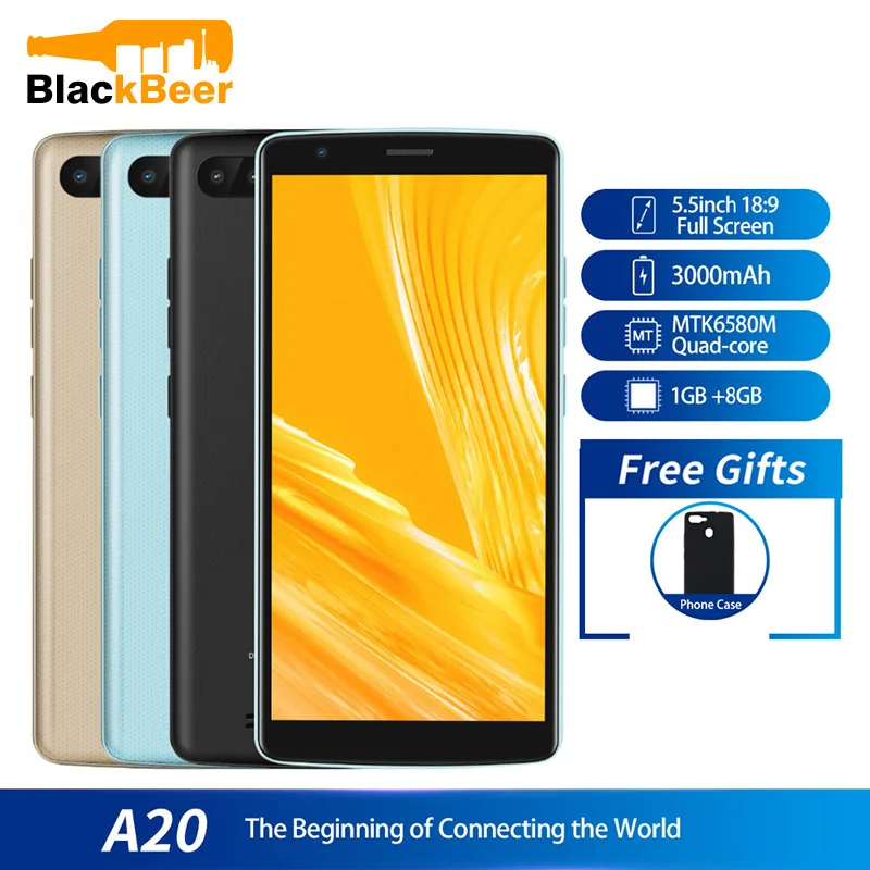 Смартфон Blackview A20 Android Go 18:9, 5,5 дюймов, двойная камера, 1 ГБ ОЗУ, 8 Гб ПЗУ, MT6580M, 5 Мп, 3G, мобильный телефон