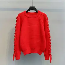 MUMUZI/Абрикосовый свободный свитер на шнуровке с рукавами, осень, женские новые красные свитера, толстые пуловеры, вязаные топы