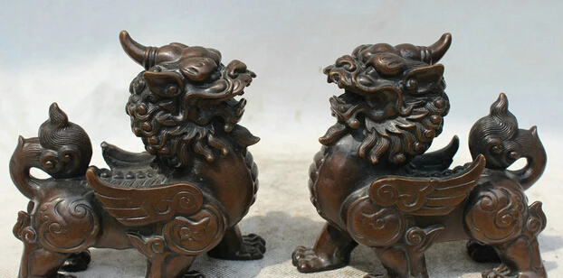 

JP S0524 5" Chinese Bronze Feng Shui Folk Unicorn Beast Pi Xiu Statue Sculpture Pair 3