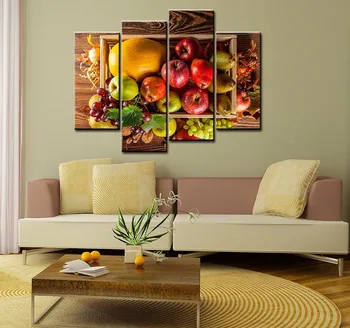 

Food Paintings Wall Art a Wooden Basket of Fruit 4 Pieces Picture Print on Canvas for Modern Home Decoration Unframed paintings