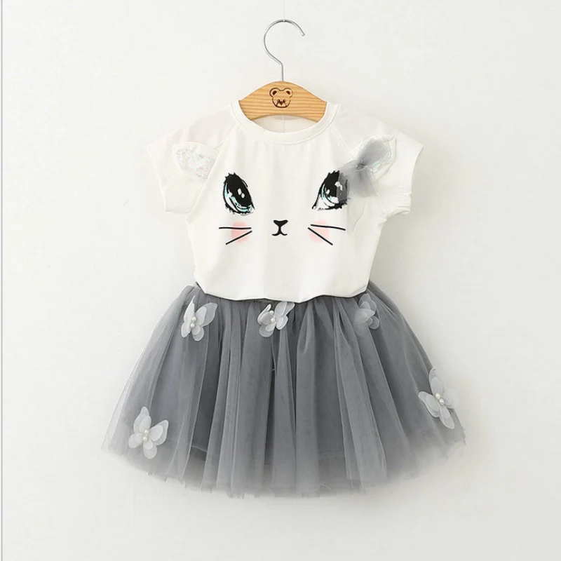 

Girls Clothes 2017 Princess Girls Dress For Party And Wedding T-shirt+Dress 2 PCS Kitty Cat Girl Dress Costume For Kids