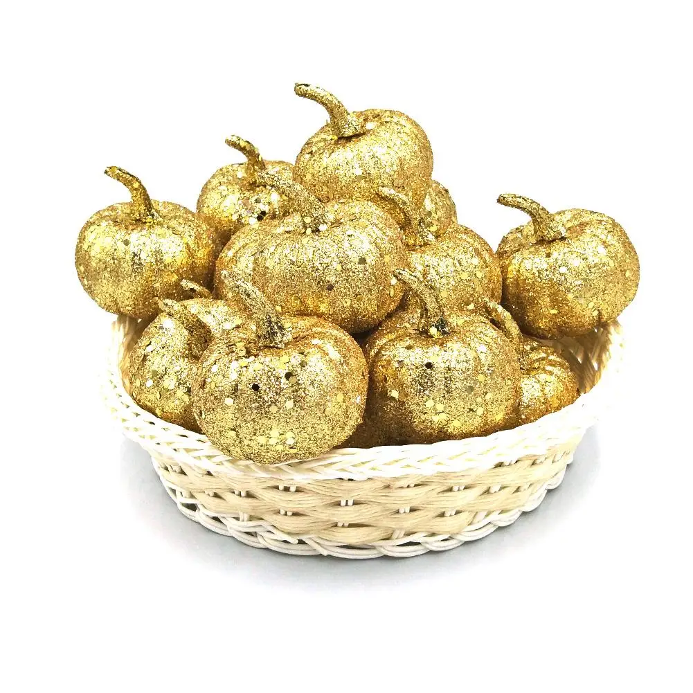 

12pcs/pack Halloween Decorative Simulation Mini Pumpkin Gold Silver Glitter Sequin Pumpkin for Halloween Party DIY Decoration