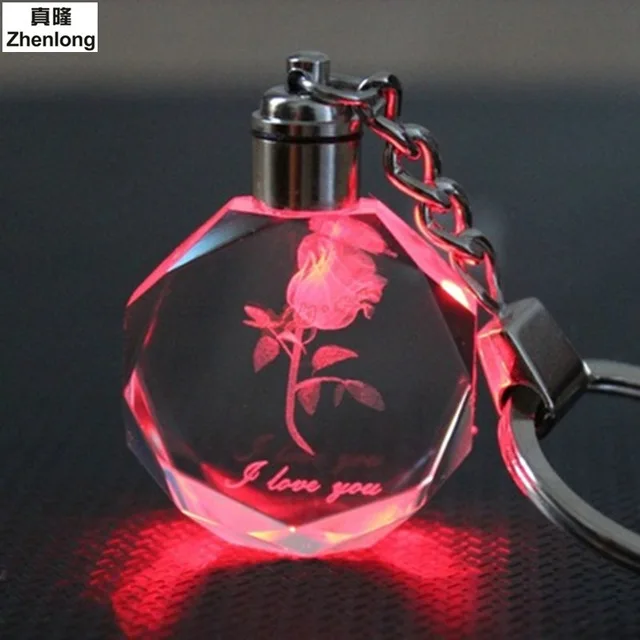 

Hot Personality Rose Pattern Luminous Keyring Square Crystal LED Light Change Key Chain Key Accessories