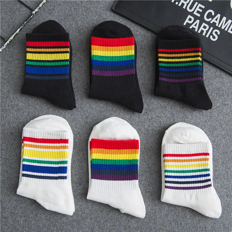 

Korean Socks Women Stripes, Medium Tube Long Socks, The Trend Of The European And American Street Korean Leisure Rainbow Socks